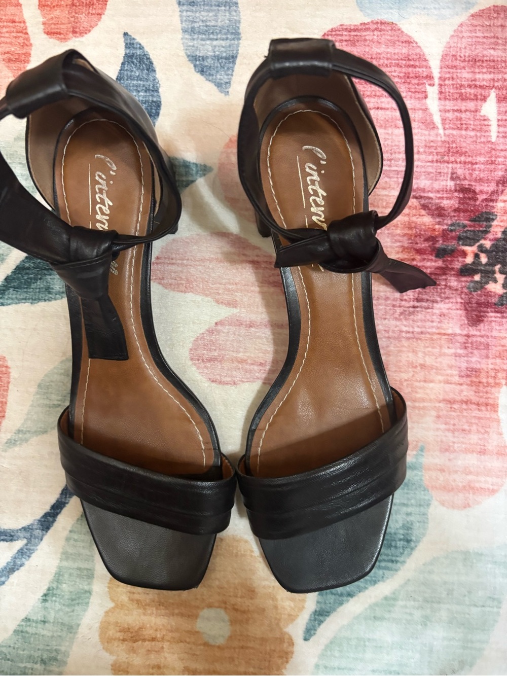L'INTERVALLE Black Leather Ankle-Strap Heels with Knot Detail